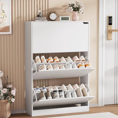 Shoe Storage Cabinet, Wood Shoe Organizer for Entryway with 3 Flip Drawers, Freestanding Shoe Rack with Adjustable Shelf, Narrow Shoe Dresser for Front Door Entrance (White, 3 Drawers) by Boonatu