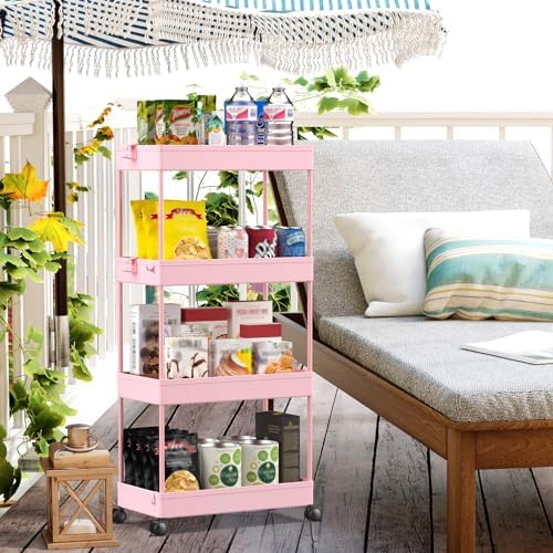 SPACELEAD 4 Tier Rolling Cart with Wheels, Storage Craft Art Trolley Organizer Serving, 3 Hanging Baskets Easy Assembly, for Office, Living Room, Kitchen - Image 6