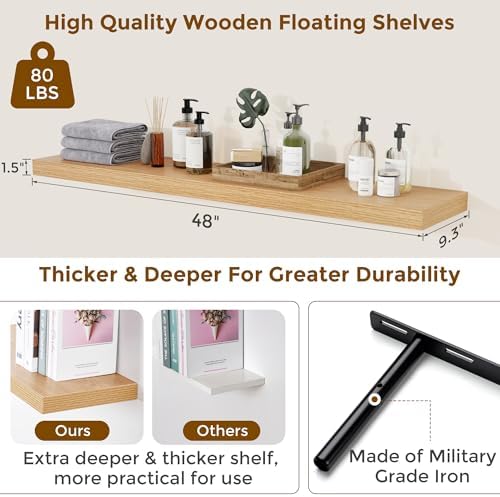 Floating Shelves for Wall, 48 inch Oak Long Wall Shelves Set of 2 - Image 3