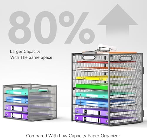 Cawukege 9 Tier Paper Organizer with Handle, Large Capacity Desk Organizer Mesh File Folder Letter Paper Tray Desktop Document Sorter for Classroom, School, and Office Accessories Organization - Grey - Image 3