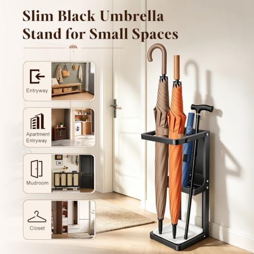 Umbrella Stand for Entryway, Sturdy Metal Umbrella Holder Indoor with Removable Drip Tray, Small Umbrella Rack for Long and Compact Umbrellas, Black Umbrella Storage Stand for Home Office - Image 5