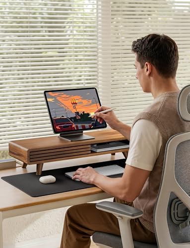 Tinamo 24" Wood Monitor Stand Riser with Sliding Door and Cable Management - Image 6