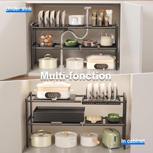 Mustorn Pots and Pans Organizer Under Cabinet, Expandable 2 Tier Under Sink Organizers and Storage Adjustable Height Kitchen Pot and Pan Lid Holder Rack with 6 Dividers(6panels,1 Pot rack, Black) - Image 5