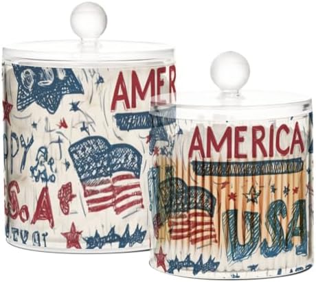 White Patriotic Stars July 4th Qtip Holder Waterproof Dustproof Apothecary Jars with Lids For Bathroom Cotton Swabs Makeup Sponges Floss Picks Bath Salts 2 Pack - Image 2