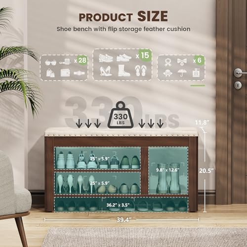 Shoe Bench for Entryway, Solid Rubberwood Shoe Bench with Hidden Storage, Adjustable 2-Tier Shelves & Soft PU Leather Seat, Shoe Rack Durable Easy Assembly for Hallway or Bedroom - Beige, 39.4" - Image 3