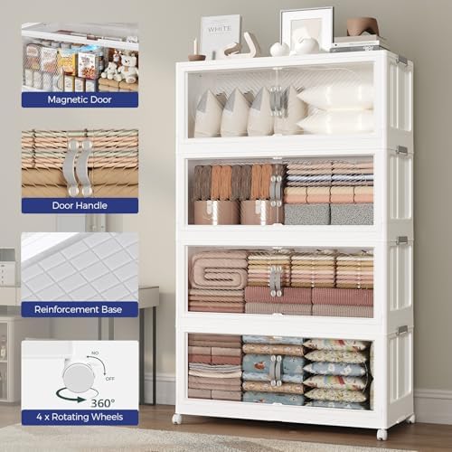 180GAL (720QT) Collapsible Plastic Storage Bins with Lid & Wheels, Extra Large Stackable Closet Organizers Storage Boxes, Folding Cabinet for Home Kitchen Office, 6Pack White - Image 6