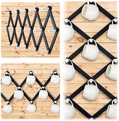 Dseap Accordian Wall Hanger: Wooden Coat Rack Wall Mounted, Hat Racks for Baseball Caps, Mug Rack, 16 Peg Hooks, Black & White - Image 4