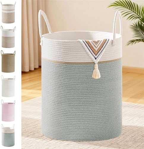 88L Large Tall Cotton Rope Laundry Basket with Handles, Sage Green by SunNewt