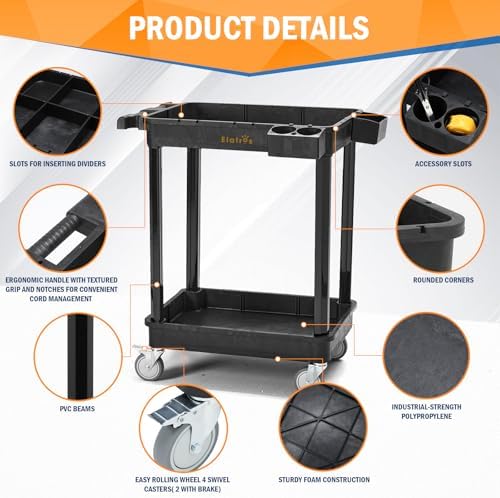 ELAFROS 2-Shelf Heavy Duty Plastic Rolling Utility Cart, 28x19 in, 330 lbs - Image 3