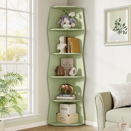 6-Tier Wavy Corner Shelf, Wooden Tall Corner Bookshelf, Green by vividwood