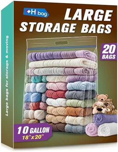 HIBAG 10 Gallon Large Storage Bags, 18” x 20” Resealable Clear Bags with Handle, Extra Large XL Heavy Duty for Clothes Pillow Travel Moving, Pack of 20 by HIBAG