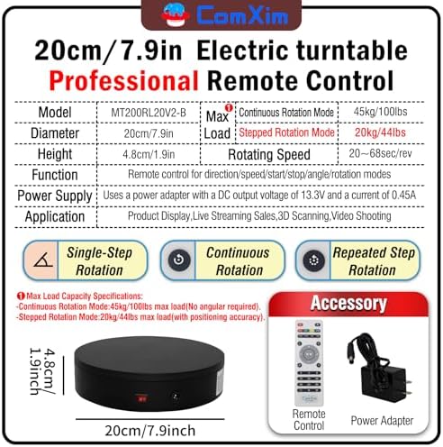 7.9In Remote Motorized Electric Turntable Rotating Display Stand Spinning Rotating Platform 360 Photography Turntable lazy susan base giratoria para for Photography,Display (Load Range:40~100lbs) - Image 2