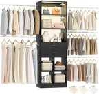 Besiost Closet System, 4-8 FT Closet Organizer System with Smart Sensor Lights, 2 Wooden Drawers and 5 Hanging Rods, Can Fit 60 to 96 inch Walk-in Closet System, Black by Besiost