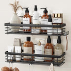 Orimade Shower Caddy with 5 Hooks for Hanging Razor and Sponge Adhesive Shower Shelf Basket Bathroom Storage Organizer Kitchen Rack No Drilling Stainless Steel Rustproof - 2 Pack,Black by Orimade