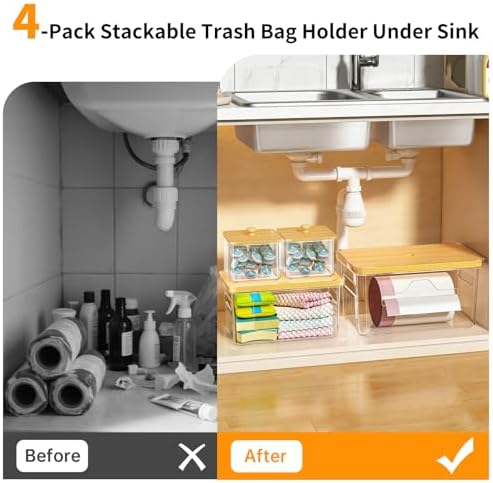 FELIZHOUSE 4 Pack Trash Bag Holder with Bamboo Lid, Stackable Garbage Bag Dispenser Under Sink, Storage Organizer for Kitchen, Laundry, Pantry (S+S+M+L) - Image 3