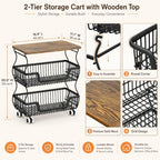 Fruit and Vegetable Storage, 2 Pack 3 Tier Fruit Basket with Wooden Top Table Kitchen Pantry Storage Bins and Organizers, Stackable Metal Rolling Cart for Vegetable Snacks Drinks Onion Organization - Image 2