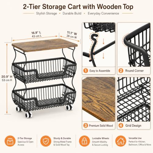 Fruit and Vegetable Storage, 2 Pack 3 Tier Fruit Basket with Wooden Top Table Kitchen Pantry Storage Bins and Organizers, Stackable Metal Rolling Cart for Vegetable Snacks Drinks Onion Organization - Image 2