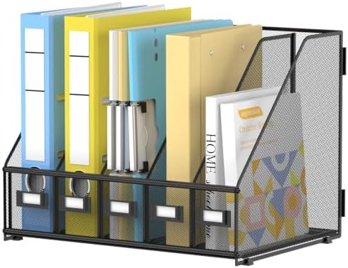 5 Vertical Compartments Magazine File Holder, Metal Binder Organizer, Black by JMHUD