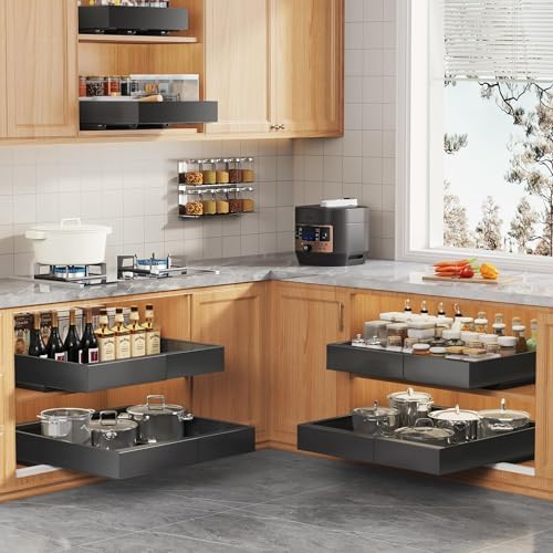 Seinloes 2Pack Expandable Pull Out Cabinet Organizer 21"Deep with Raising Pad for Framed Cabinets, Upgrade 3 Slide Rails Slide Out Drawers, Roll Out Shelves Adhesive,Adjustable Width 12.05"-20.4"Black - Image 6