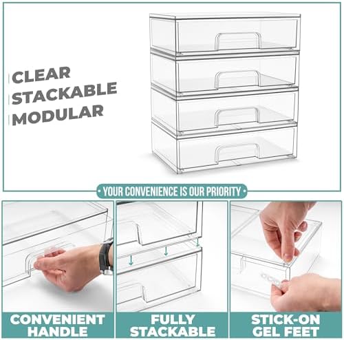 Sorbus Clear Stackable Storage Drawers (4 Pack, 12.1'' Wide) - Image 5