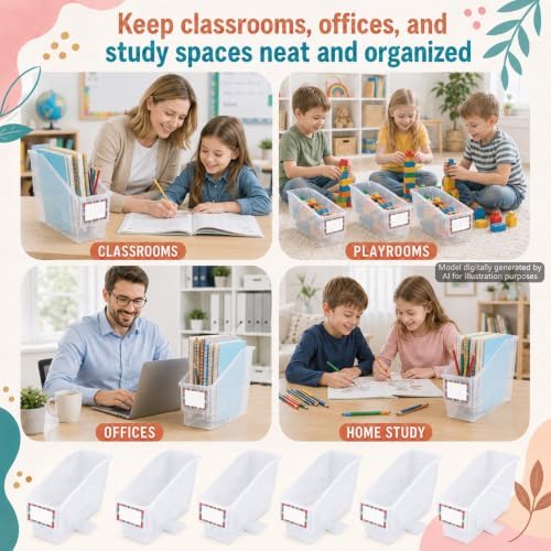 gisgfim 6 Pcs Non-Tip Book Bins with Stabilizer Wings (Clear) - Image 6