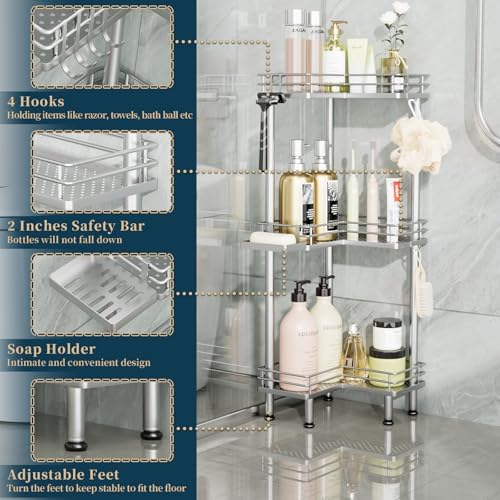 Consumest Corner Shower Caddy Standing - 3-Tier Stainless Steel Shower Organizer with Soap Holder and 4 Hooks, Large Capacity Corner Shelf Stand for Bathroom, Rest Room, Silver - Image 3