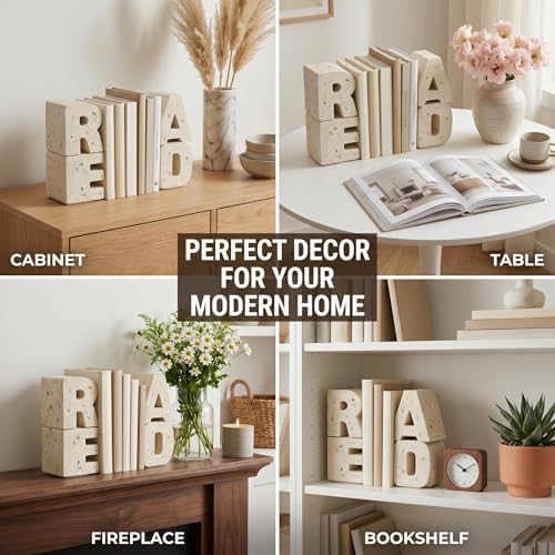 Book Ends Decorative with Read Design Resin Bookends for Heavy Books Book Holders for Shelves Book Stoppers with Non-Slip Pads Unique Read Sign Beige Bookend Gift for Book Lovers - Image 5