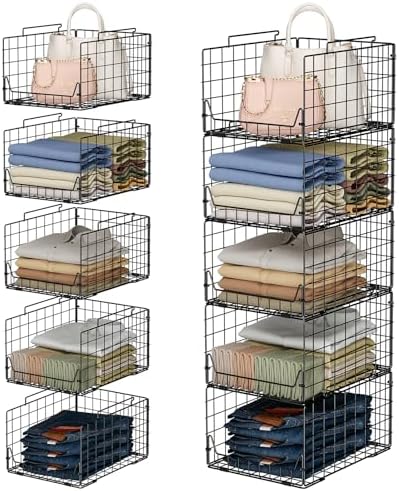 Jakyitvi 5-Tier Stackable Closet Organizer Shelf – Foldable Metal Storage Bins for Clothes, Sweaters & Towels | Stylish Black Wire Baskets for Bedroom, Wardrobe, Dorm or Entryway by Jakyitvi