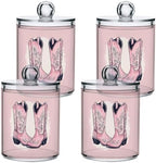 Fustylead 4 Pack Pink Cowgirl Boots with Ornament Plastic Apothecary Jar Set for Cotton Swab, Ball, Pad, Floss, Qtip Holder Dispensers for Bathroom Storage Organizer by Fustylead