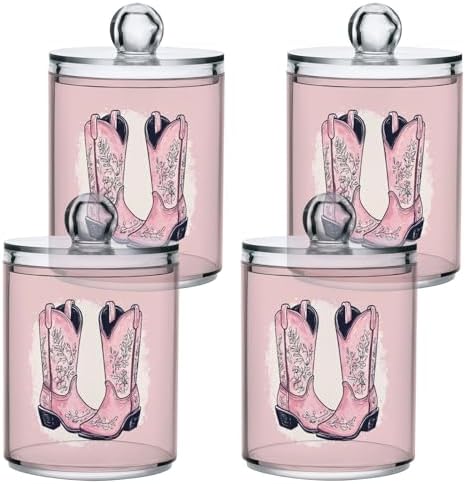 Fustylead 4 Pack Pink Cowgirl Boots with Ornament Plastic Apothecary Jar Set for Cotton Swab, Ball, Pad, Floss, Qtip Holder Dispensers for Bathroom Storage Organizer by Fustylead