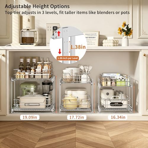 EZKAZA Pull Out Cabinet Organizer for Kitchen Utensil 17.5" W x 21" D, 2-Tier Cabinet Pullout Shelves and Drawer Organizer Slide Out Pantry Storage Basket, Bottom Basket 16.2" W x 20.4" D x 4.7" H - Image 5