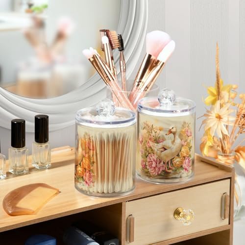 Fustylead 4 Pack Vintage Duck Bird and Beautiful Flower Plastic Apothecary Jar Set for Cotton Swab, Ball, Pad, Floss, Qtip Holder Dispensers for Bathroom Storage Organizer - Image 5