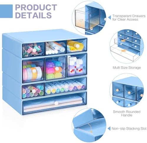 Desk Storage Organizer with 9 Drawers, 4 Tiers Stackable Desktop Craft Storage Drawers, Clear Storage Box Caddy for Stationary Makeup Jewelry Office Craft Supplies (Blue) - Image 4