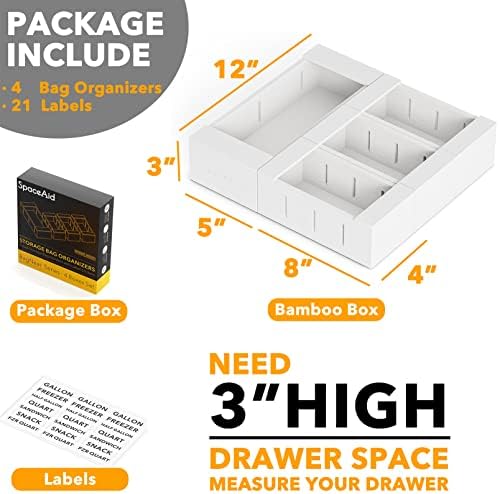 SpaceAid Bag Storage Organizer for Kitchen Drawer, Bamboo Organizer, Compatible with Gallon, Quart, Sandwich and Snack Variety Size Bag (4 Pack), White - Image 3
