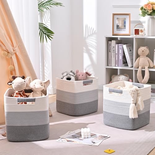 11 Inch Storage Cubes, 3 Pack Cube Storage Bins for Organizing, Cotton Rope Woven Baskets for Shelves, Bathroom, Kids Room, Closets, Baby Nursery - Image 3