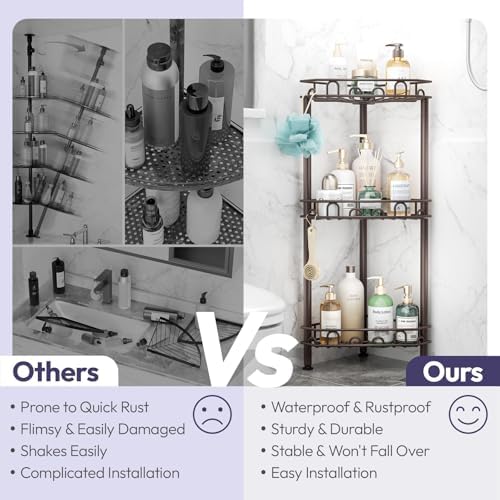 SWTYMIKI Standing Shower Caddy Corner - 3‑Tier Stainless Steel Shower Organizer Shelf with 12 Hooks and Adhesive Pads, Rustproof Corner Shelves Stand Rack for Bathroom Shower Room, Bronze - Image 2