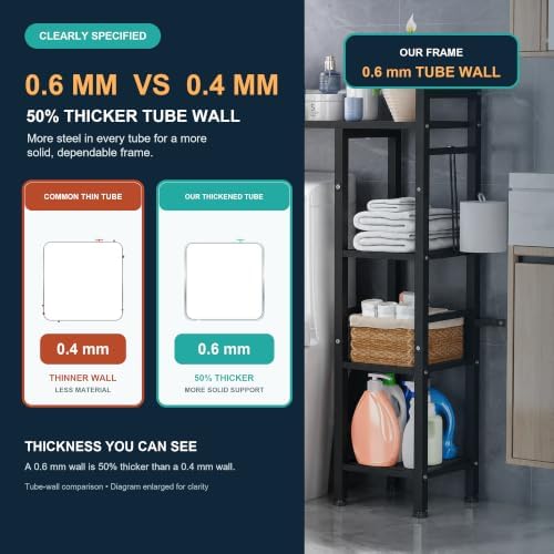 Over The Toilet Storage with Side Rack, 4-Tier Over Toilet Storage Rack with Thick Wood Top Shelf & 3 Small Side Shelves, Freestanding Bathroom Organizer for Bathroom, Laundry, Balcony (Black) - Image 5
