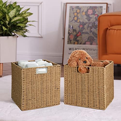 Vagusicc Wicker Storage Basket, Set of 2 Hand-Woven Storage Baskets for Shelves with Handles Foldable Cube Storage Baskets Bins, 9 inch Wicker Baskets for Pantry Bedroom Organizer &Decor, Natural - Image 6