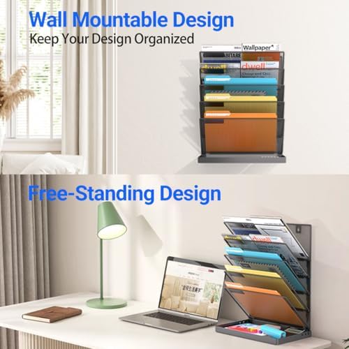 Legal /A4/ Letter Size Hanging Wall File Organizer Desktop File Organizer,6-Tier Wall Mount/Self Standing Paper Document Folder Holder,Mesh Magazine Rack for Office Home, Black ﻿ - Image 4