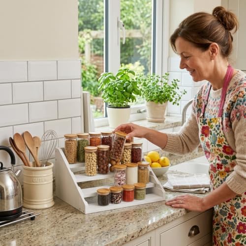 Solid Wood Spice Rack Organizer for Countertop & Cabinet, 4 Tier Adjustable Wooden Spice Shelf with Sliding Track, Premium Step Seasoning Bottle Holder for Kitchen, Cupboard, Pantry & Office, White - Image 3
