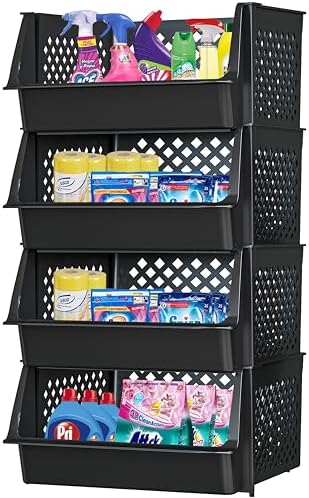 Large Stackable Storage Bins Open Front for Pantry Storage, 4 Pack - Black by Skywin