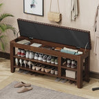Shoe Bench for Entryway, Solid Rubberwood Shoe Bench with Hidden Storage, Adjustable 2-Tier Shelves & Soft PU Leather Seat, Shoe Rack Durable Easy Assembly for Hallway or Bedroom - Brown, 47.28" - Image 2