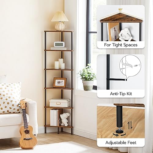 HOOBRO Corner Shelf Stand, Industrial 6-Tier Wall Corner Bookshelf with Metal Frame, Plant Display Shelf, Bookcase for Small Spaces, Bedroom, Living Room, Rustic Brown BF36CJ01 - Image 5