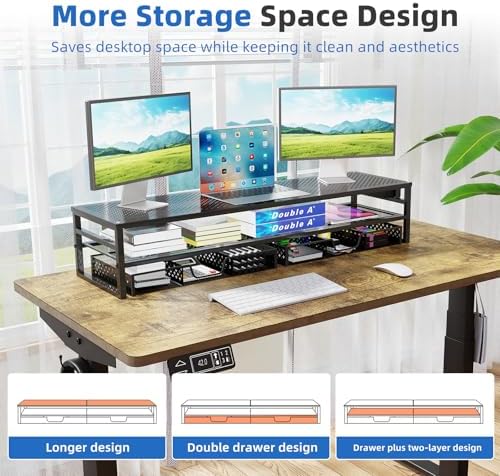 Simple Trending 2-Tier Metal Dual Monitor Stand with USB & 2 Drawers, Black - Image 3