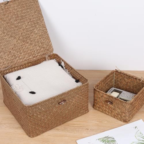 Moosky Wicker Shelf Baskets with Lid, Handwoven Seagrass Storage Basket Bins Square Gift Boxes for Shelves Home Decor Organizer (Coffee, Set of 4) - Image 3