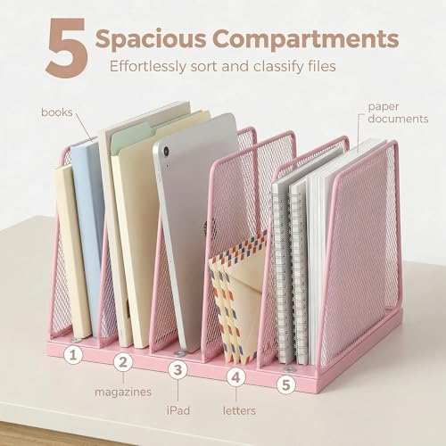 5-Section Vertical File Organizer for Desk, Sturdy Wood Base & Metal Mesh Desktop File Holder, Upright Paper Folder Sorter for Office Supplies（Pink） - Image 5