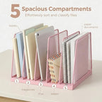 5-Section Vertical File Organizer for Desk, Sturdy Wood Base & Metal Mesh Desktop File Holder, Upright Paper Folder Sorter for Office Supplies（Pink） - Image 5