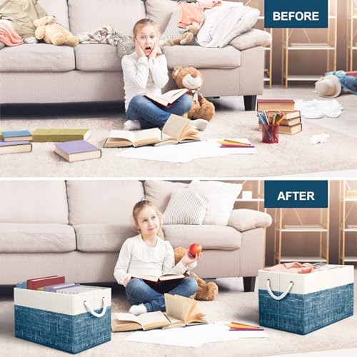 Fab totes Storage Bins 6-Pack, Foldable Storage Baskets for Organizing Toys, Books, Shelves, Closet, Large Storage Box with Rope Handles, Sturdy Organizer Bins, White & Blue - Image 6