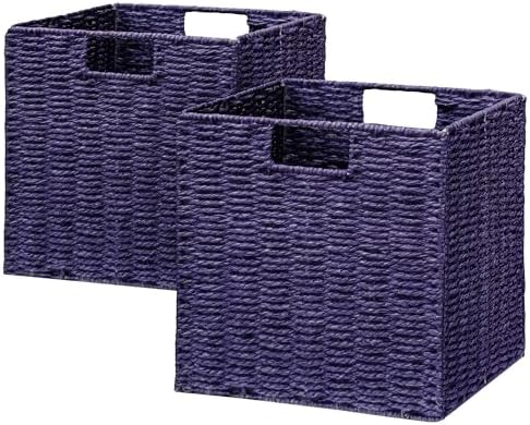 Vagusicc Wicker Storage Basket, Set of 2 Hand-Woven Paper Rope Wicker Basket, Foldable Cube Storage Bins, 9 inch Square Storage Baskets for Organizing Shelves & Decor, Purple (9″×9″×9″) by Vagusicc