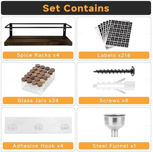 4-Tier Wall Mount Spice Rack Organizer with 24 Glass Jars, 216 Labels & Funnel - Screw/Adhesive Mount, Black Metal & Wood Spice Storage for Kitchen Pantry Cabinet, 11.6”L x 2.4”W x 3.2”H - Image 2